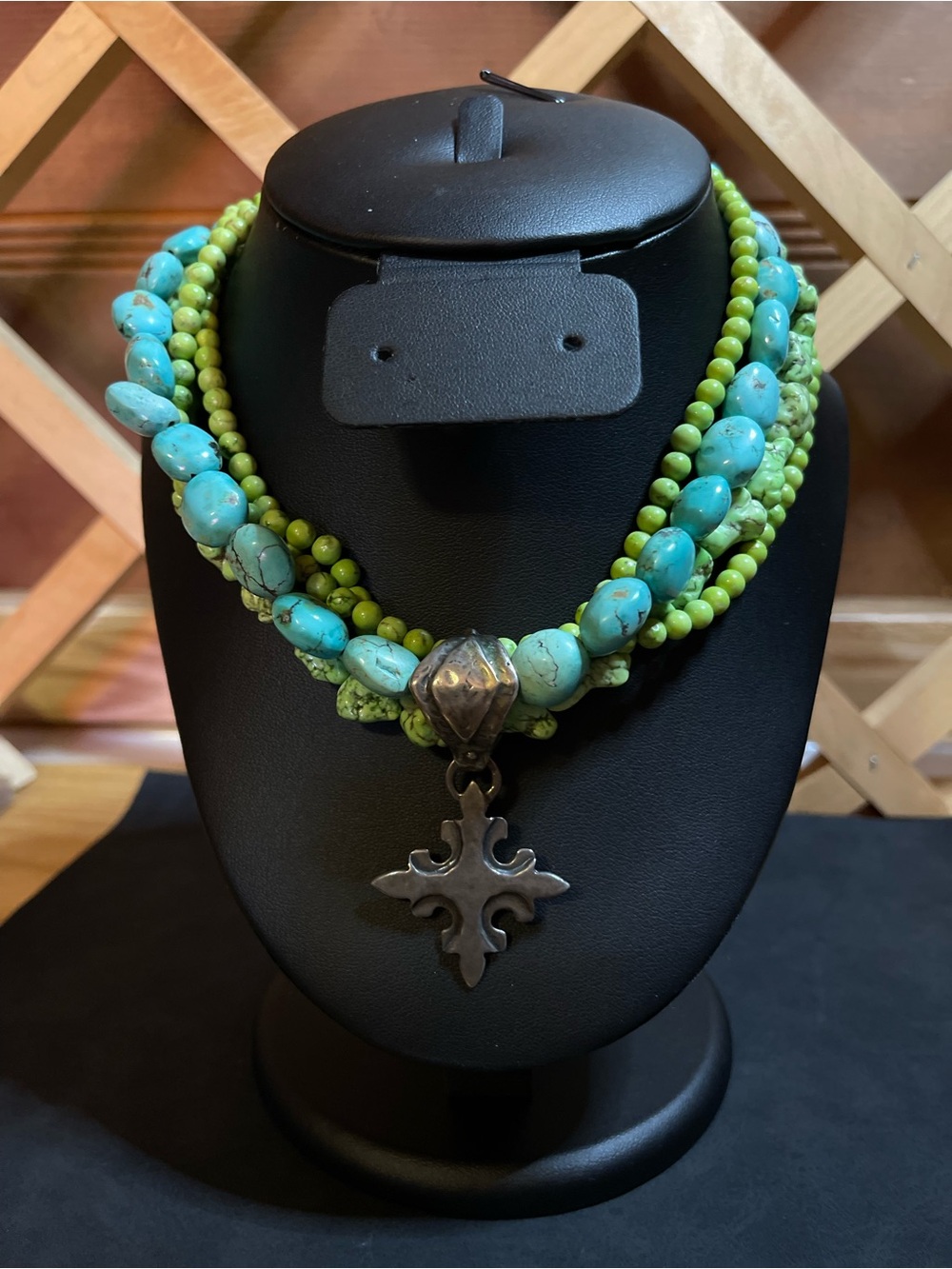 Vintage Turquoise & Sterling Silver Shreve Saville Chunky Muli- Strand Necklace